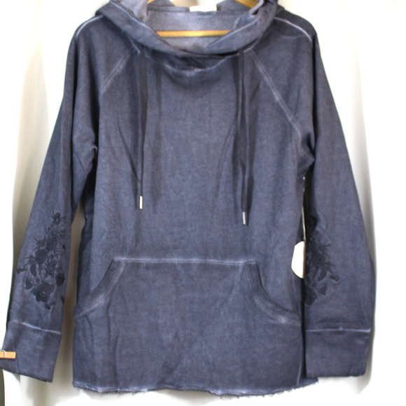 Washed Navy Embroidery Long Distressed Hoodie - Picture 6 of 8